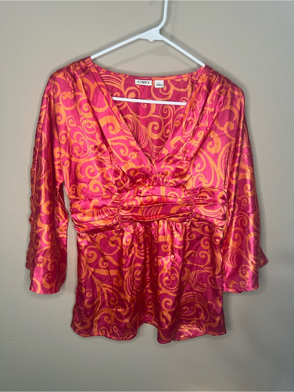 Cato Pink & Orange psychedelic swirl Satin Boho Bell Sleeve Blouse – Size Small